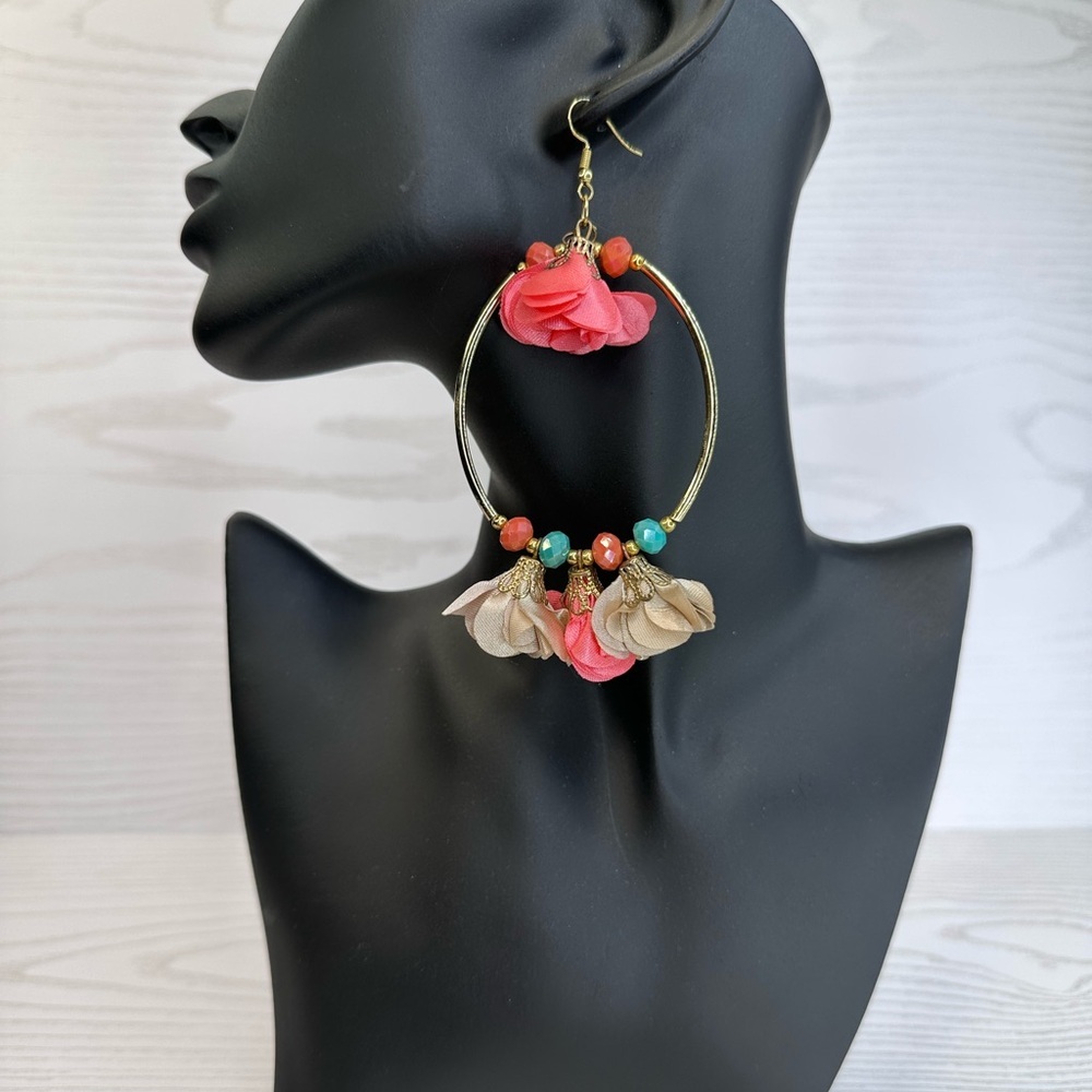 New handmade multi color pink Floral Hoop Earrings with 14k gold platted